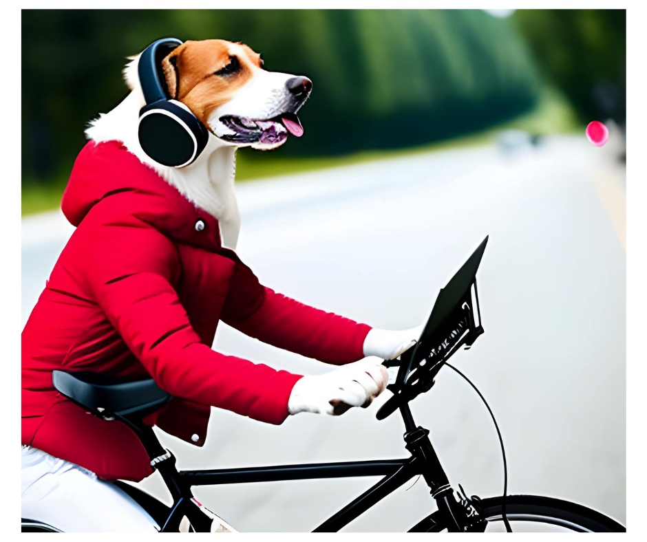 Imagem criada por IA de cachorro com fones de ouvido andando de bicicleta.